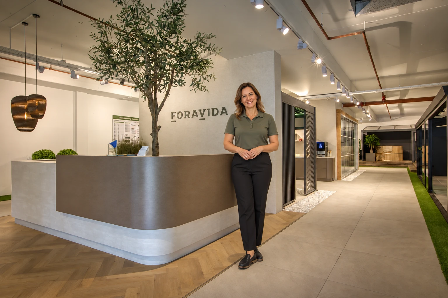 Showroom in Venlo mit einer KI-generierten Gastgeberin