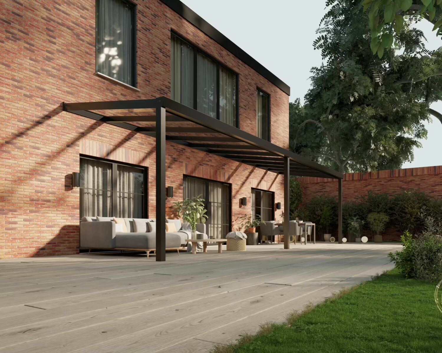 terrassenüberdachung-Glasdach-10x2,5m-Mattschwarz-Klar-modern25_BottomLeftPerspective