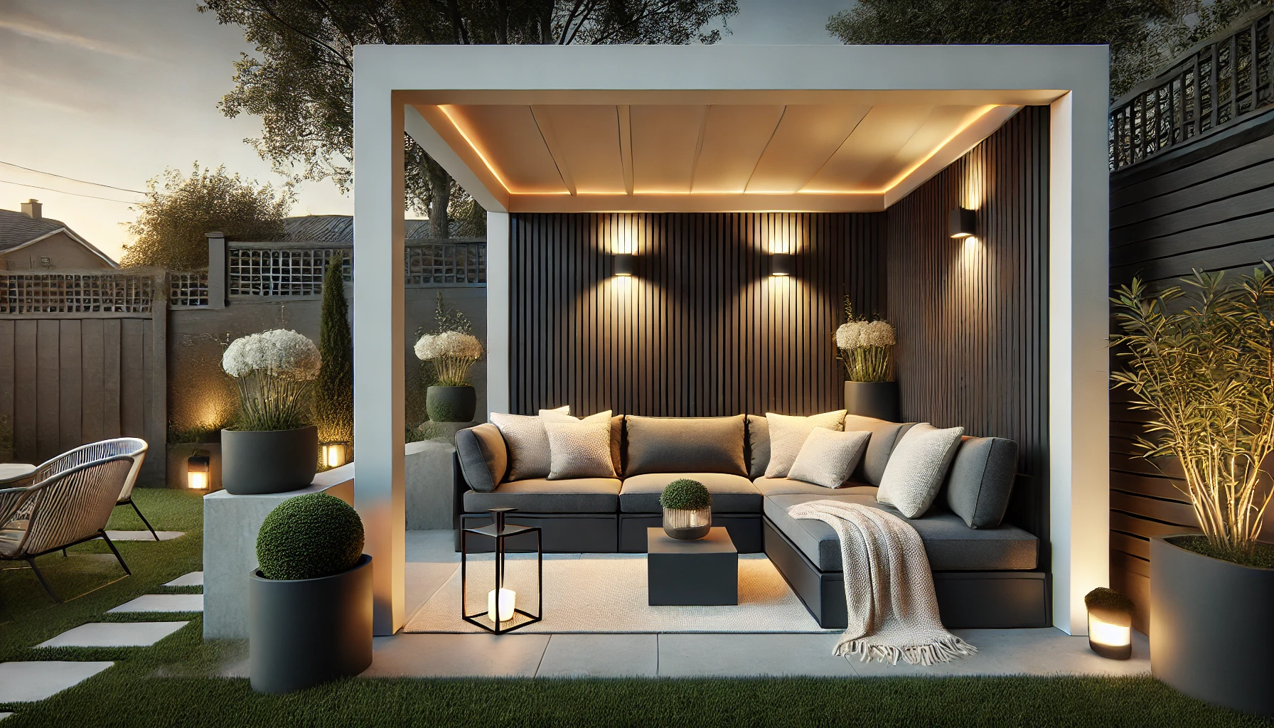 Aluminium-Pergola mit Lamellendach in Anthrazit bei Abendlicht mit Lounge-Set