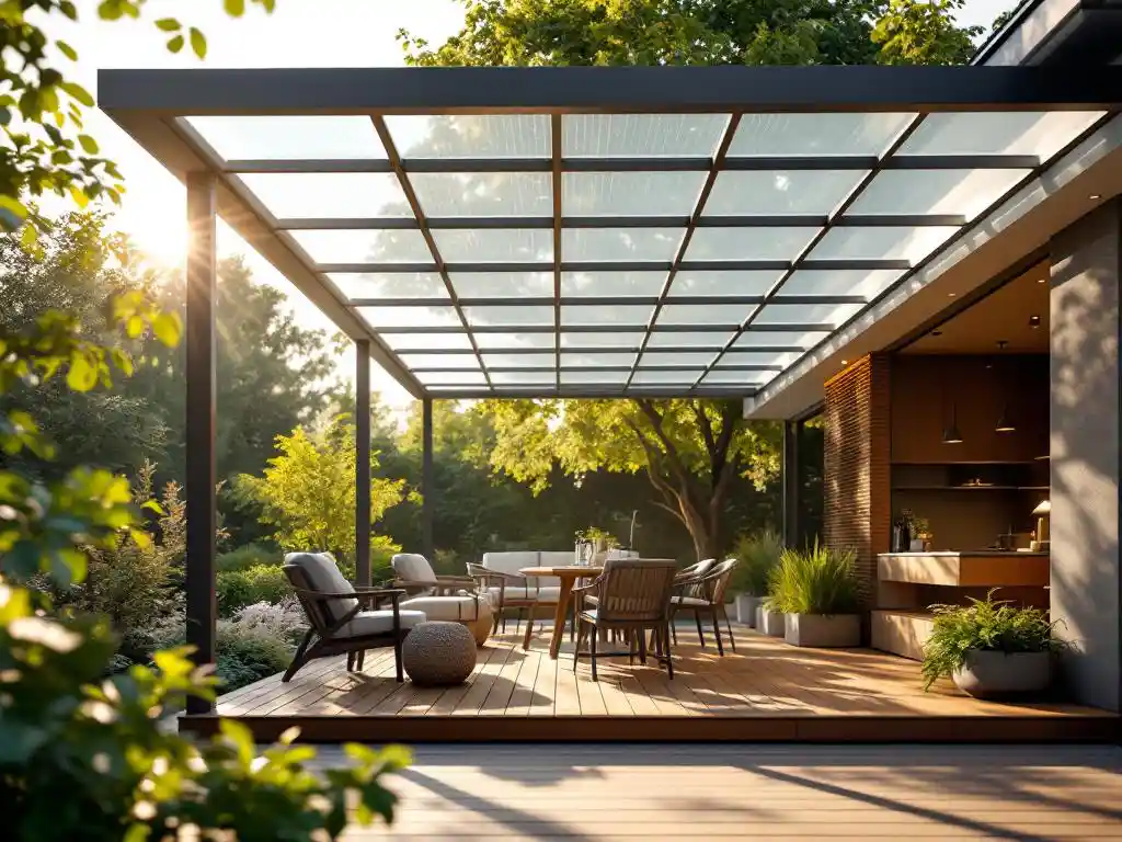 Aluminium-Terrassenüberdachung neben einer offenen Pergola im selben Garten