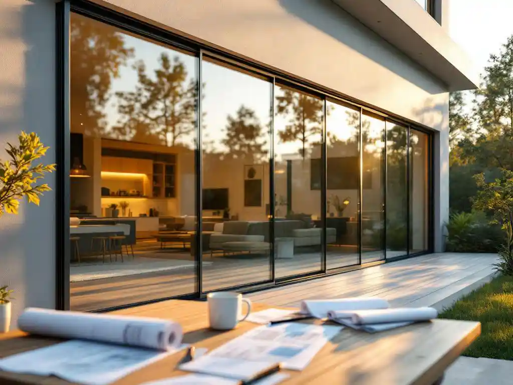 Glasschiebewände unter einer Aluminium-Pergola mit Lamellen