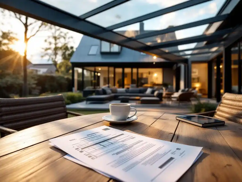 Aluminium-Pergola im Garten genehmigungsfrei nach LBO platziert