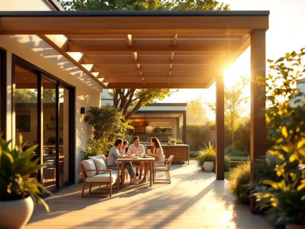 Freistehende Überdachung in modernem Garten mit Familie auf der Terrasse