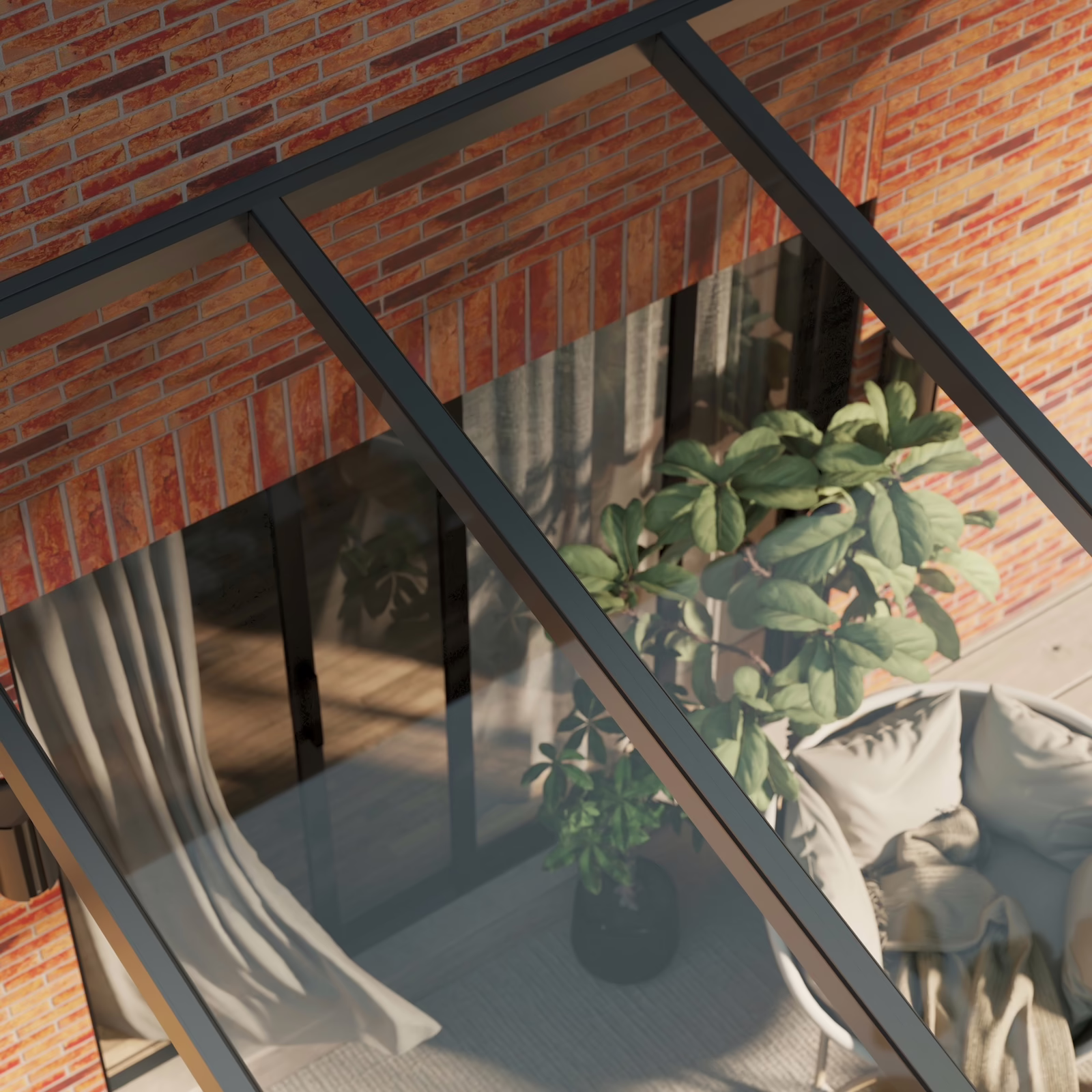 Terrassenüberdachung mit klarem Glasdach und anthrazitfarbenem Rahmen