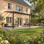 Terrassenüberdachung Plus 10 x 4 Meter Mattschwarz klares Glas moderne Rinne – Gesamtansicht