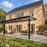 Terrassenüberdachung Plus 10 x 4 Meter Mattschwarz klares Glas moderne Rinne – Seitenansicht