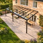 Terrassenüberdachung Plus 10 x 4 Meter Mattschwarz klares Glas moderne Rinne – Dachansicht