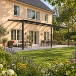 Terrassenüberdachung Plus 10 x 4 Meter Mattschwarz klares Glas moderne Rinne – Gartenblick