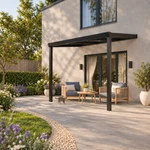 Terrassenüberdachung Plus 3 x 2,5 Meter Mattschwarz Klarglas moderne Rinne – Gartenblick