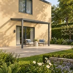 Terrassenüberdachung Plus 4 x 2,5 Meter Anthrazit klares Glas moderne Rinne – Gesamtansicht