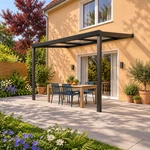 Terrassenüberdachung Plus 4 x 3 Meter Mattschwarz klares Glas moderne Rinne – Seitenansicht