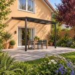 Terrassenüberdachung Plus 4 x 3 Meter Mattschwarz klares Glas moderne Rinne – Gartenblick