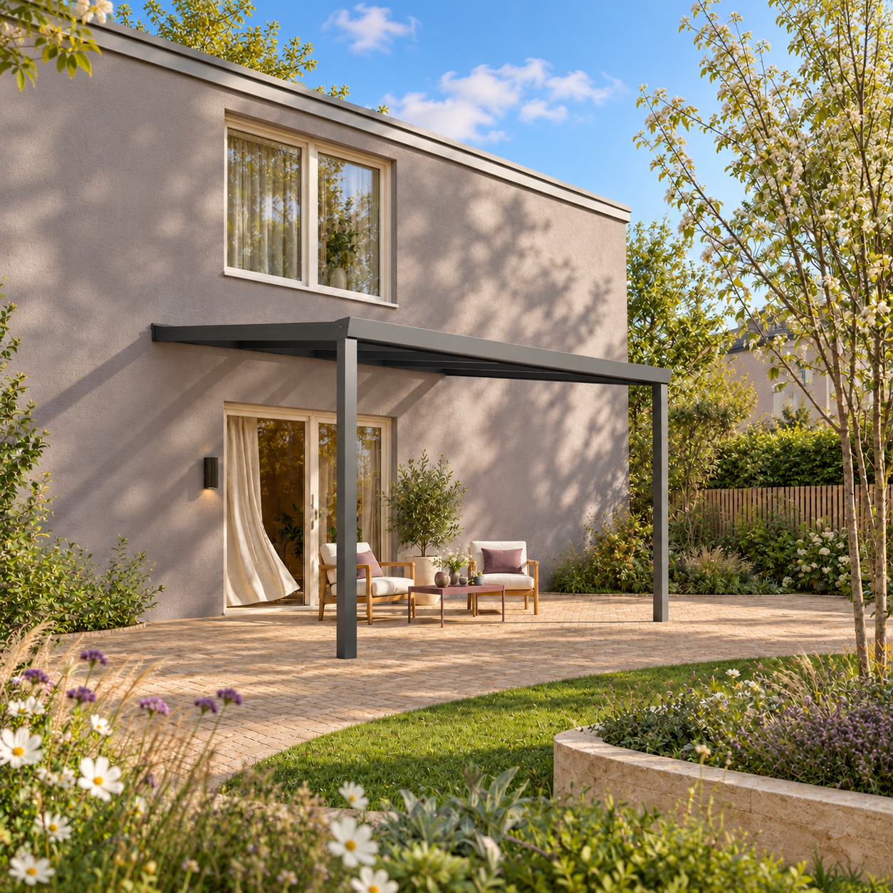 Terrassenüberdachung Plus 4 x 3,5 Meter Anthrazit klares Glas moderne Rinne – Gesamtansicht Terrassenüberdachung Plus 4 x 3,5 Meter Anthrazit klares Glas moderne Rinne – Gesamtansicht