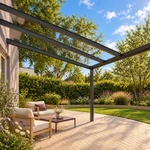 Terrassenüberdachung Plus 4 x 3,5 Meter Anthrazit klares Glas moderne Rinne – Unteransicht