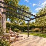 Terrassenüberdachung Plus 4 x 3,5 Meter Anthrazit klares Glas moderne Rinne – Gartenblick