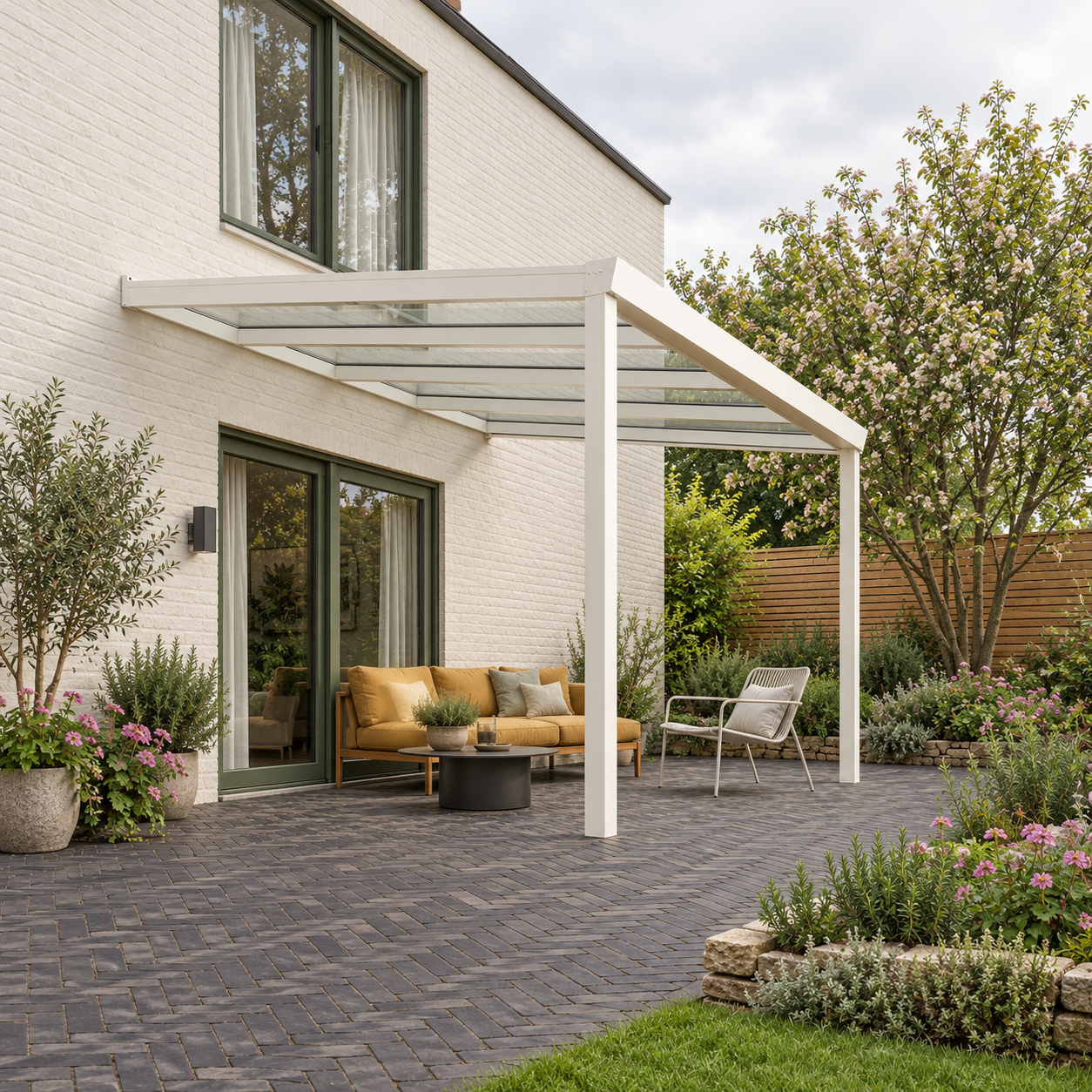 Terrassenüberdachung Plus 4,03 x 3,5 Meter Mattweiß Klarglas moderne Rinne – Gesamtansicht Terrassenüberdachung Plus 4,03 x 3,5 Meter Mattweiß Klarglas moderne Rinne – Gesamtansicht