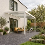 Terrassenüberdachung Plus 4,03 x 3,5 Meter Mattweiß Klarglas moderne Rinne – Gartenblick