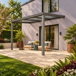 Terrassenüberdachung Plus 4 x 4 Meter Anthrazit klares Glas moderne Rinne – Gartenblick