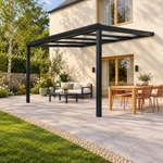 Terrassenüberdachung Plus 4 x 4 Meter Mattschwarz Klarglas moderne Rinne – Seitenansicht