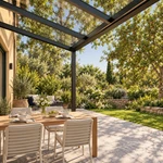 Terrassenüberdachung Plus 5 x 2,5 Meter Mattschwarz klares Glas moderne Rinne – Unteransicht