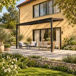 Terrassenüberdachung Plus 5 x 2,5 Meter Mattschwarz klares Glas moderne Rinne – Seitenansicht