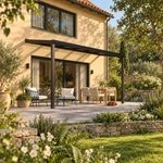 Terrassenüberdachung Plus 5 x 2,5 Meter Mattschwarz klares Glas moderne Rinne – Gartenblick