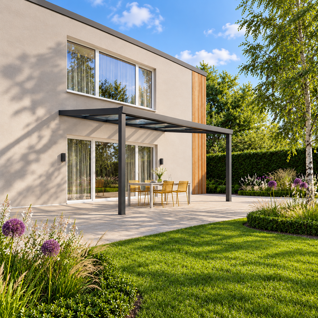 Terrassenüberdachung Plus 5 x 3,5 Meter Anthrazit Klarglas moderne Rinne – Gesamtansicht Terrassenüberdachung Plus 5 x 3,5 Meter Anthrazit Klarglas moderne Rinne – Gesamtansicht