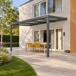 Terrassenüberdachung Plus 5,03 x 3,5 Meter Anthrazit Klarglas moderne Rinne – Katze auf der Terrasse