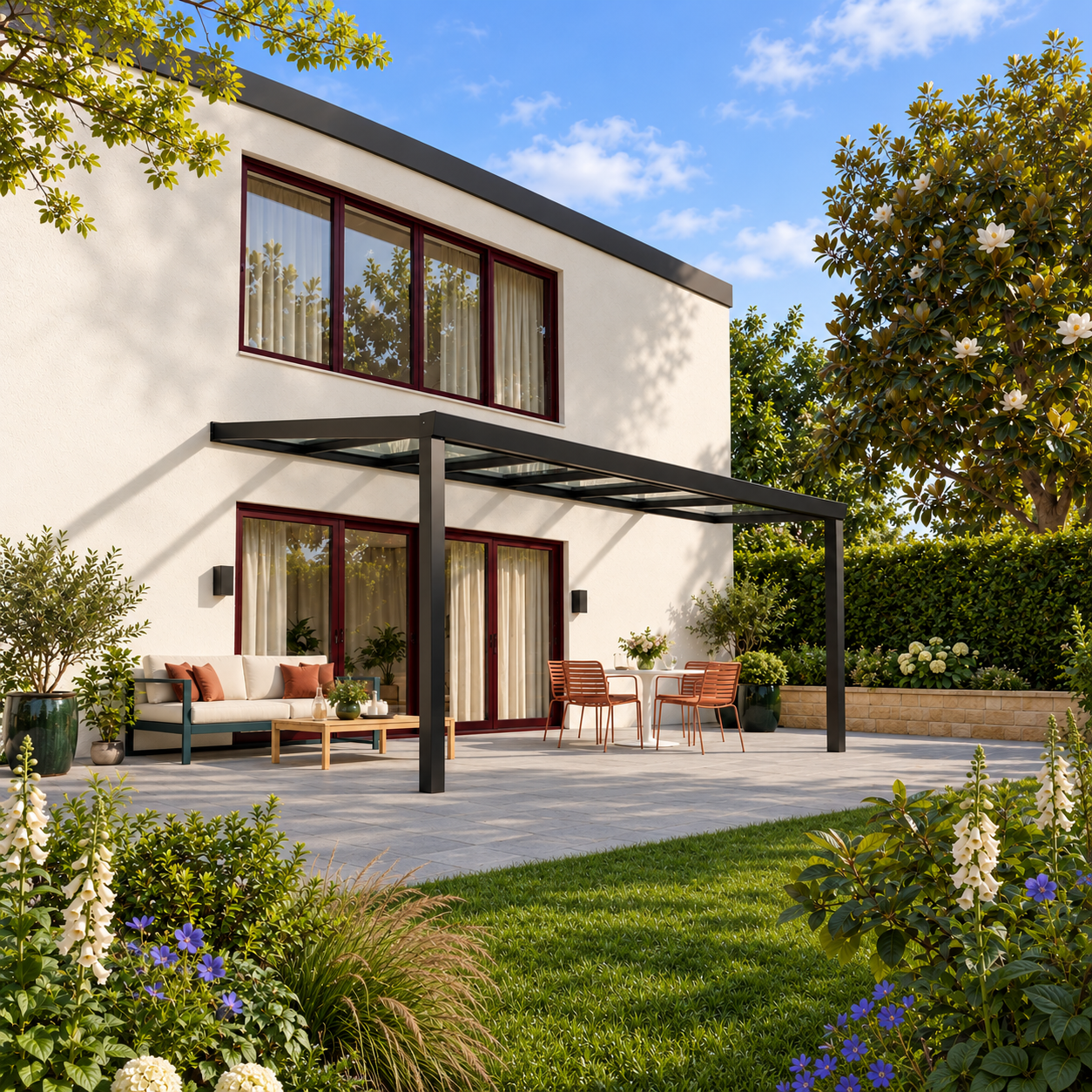 Terrassenüberdachung Plus 5 x 3,5 Meter Mattschwarz klares Glas moderne Rinne – Gesamtansicht Terrassenüberdachung Plus 5 x 3,5 Meter Mattschwarz klares Glas moderne Rinne – Gesamtansicht