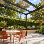 Terrassenüberdachung Plus 5 x 3,5 Meter Mattschwarz klares Glas moderne Rinne – Unteransicht