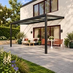 Terrassenüberdachung Plus 5 x 3,5 Meter Mattschwarz klares Glas moderne Rinne – Seitenansicht