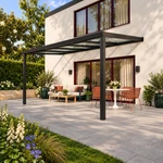 Terrassenüberdachung Plus 5 x 3,5 Meter Mattschwarz klares Glas moderne Rinne – Gartenblick