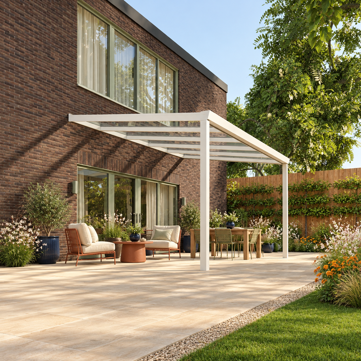 Terrassenüberdachung Plus 5,03 x 3,5 Meter Mattweiß Klarglas moderne Rinne – Gesamtansicht Terrassenüberdachung Plus 5,03 x 3,5 Meter Mattweiß Klarglas moderne Rinne – Gesamtansicht