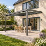 Terrassenüberdachung Plus 5 x 4 Meter Anthrazit Klarglas moderne Rinne – Seitenansicht