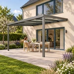 Terrassenüberdachung Plus 5 x 4 Meter Anthrazit Klarglas moderne Rinne – Gartenblick