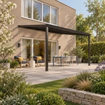Terrassenüberdachung Plus 5 x 4 Meter Mattschwarz klares Glas moderne Rinne – Gesamtansicht