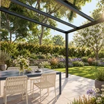Terrassenüberdachung Plus 5 x 4 Meter Mattschwarz klares Glas moderne Rinne – Unteransicht
