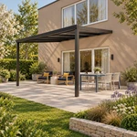 Terrassenüberdachung Plus 5 x 4 Meter Mattschwarz klares Glas moderne Rinne – Seitenansicht