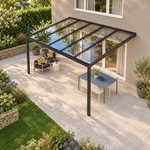 Terrassenüberdachung Plus 5 x 4 Meter Mattschwarz klares Glas moderne Rinne – Dachansicht