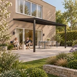 Terrassenüberdachung Plus 5 x 4 Meter Mattschwarz klares Glas moderne Rinne – Gartenleben