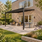 Terrassenüberdachung Plus 5 x 4 Meter Mattschwarz klares Glas moderne Rinne – Gartenblick