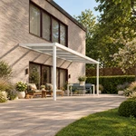 Terrassenüberdachung Plus 6,03 x 2,5 Meter Mattweiß Klarglas moderne Rinne – Gartenblick