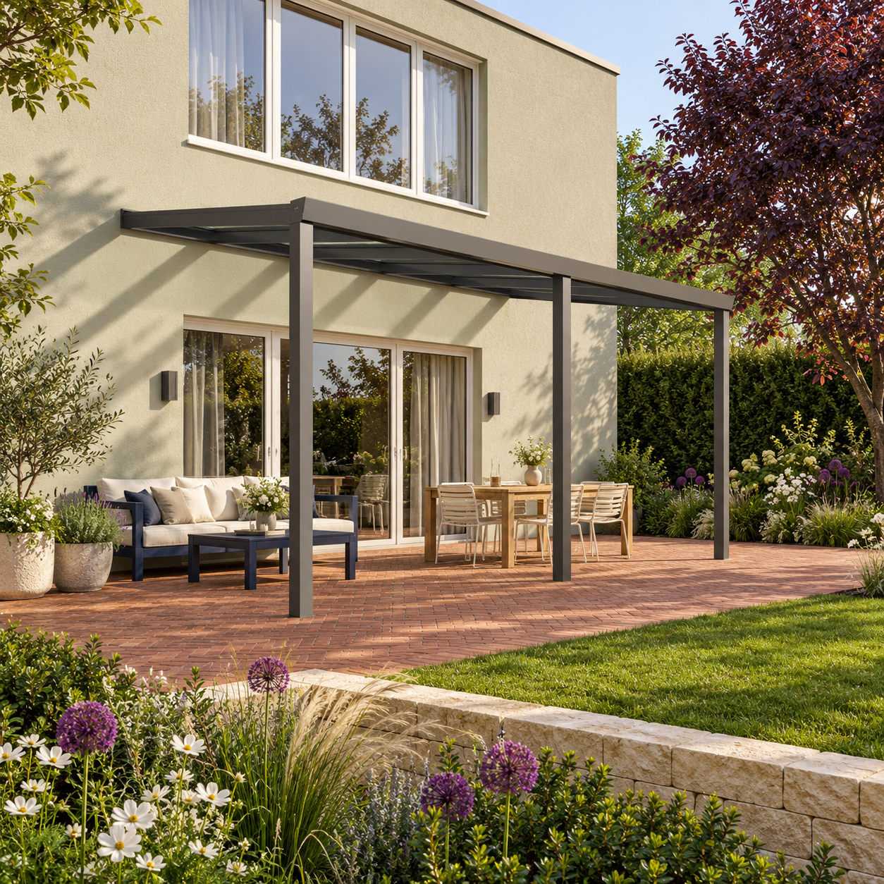 Terrassenüberdachung Plus 6 x 3,5 Meter Anthrazit klares Glas moderne Rinne – Gesamtansicht Terrassenüberdachung Plus 6 x 3,5 Meter Anthrazit klares Glas moderne Rinne – Gesamtansicht