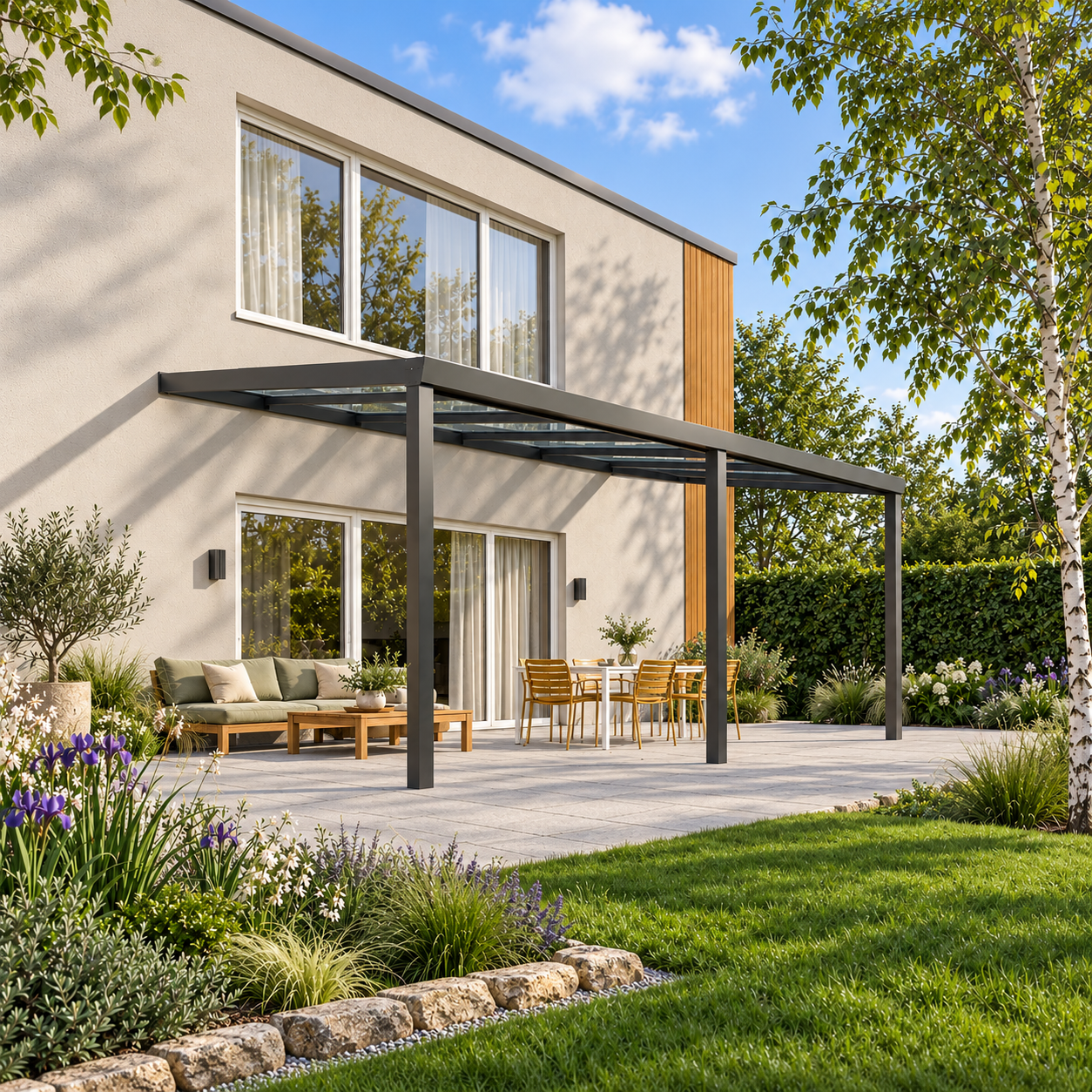 Terrassenüberdachung Plus 6 x 4 Meter Anthrazit Klarglas moderne Rinne – Gesamtansicht Terrassenüberdachung Plus 6 x 4 Meter Anthrazit Klarglas moderne Rinne – Gesamtansicht
