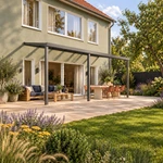 Terrassenüberdachung Plus 7,03 x 2,5 Meter Anthrazit Klarglas moderne Rinne – Gesamtansicht