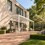 Terrassenüberdachung Plus 7,03 x 2,5 Meter Mattweiß Klarglas moderne Rinne – Gartenblick