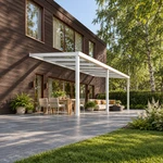 Terrassenüberdachung Plus 7,03 x 3,0 Meter Mattweiß Klarglas moderne Rinne – Gesamtansicht