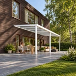 Terrassenüberdachung Plus 7,03 x 3,0 Meter Mattweiß Klarglas moderne Rinne – Gartenblick