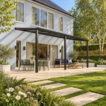 Terrassenüberdachung Plus 7 x 3,5 Meter Mattschwarz klares Glas moderne Rinne – Gesamtansicht