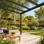 Terrassenüberdachung Plus 7 x 3,5 Meter Mattschwarz klares Glas moderne Rinne – Unteransicht